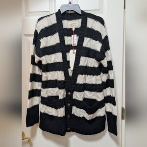 NWT Current/Elliott V Neck Cable Knit Cardigan Black White Stripe Size 3 Large L